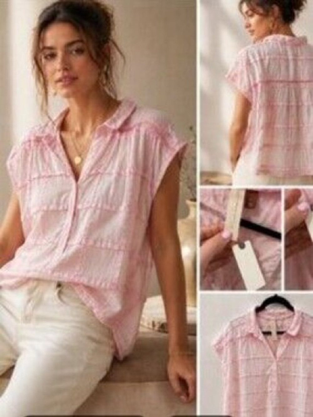 Anthropologie Pink Short-Sleeve Button Front Women's Top